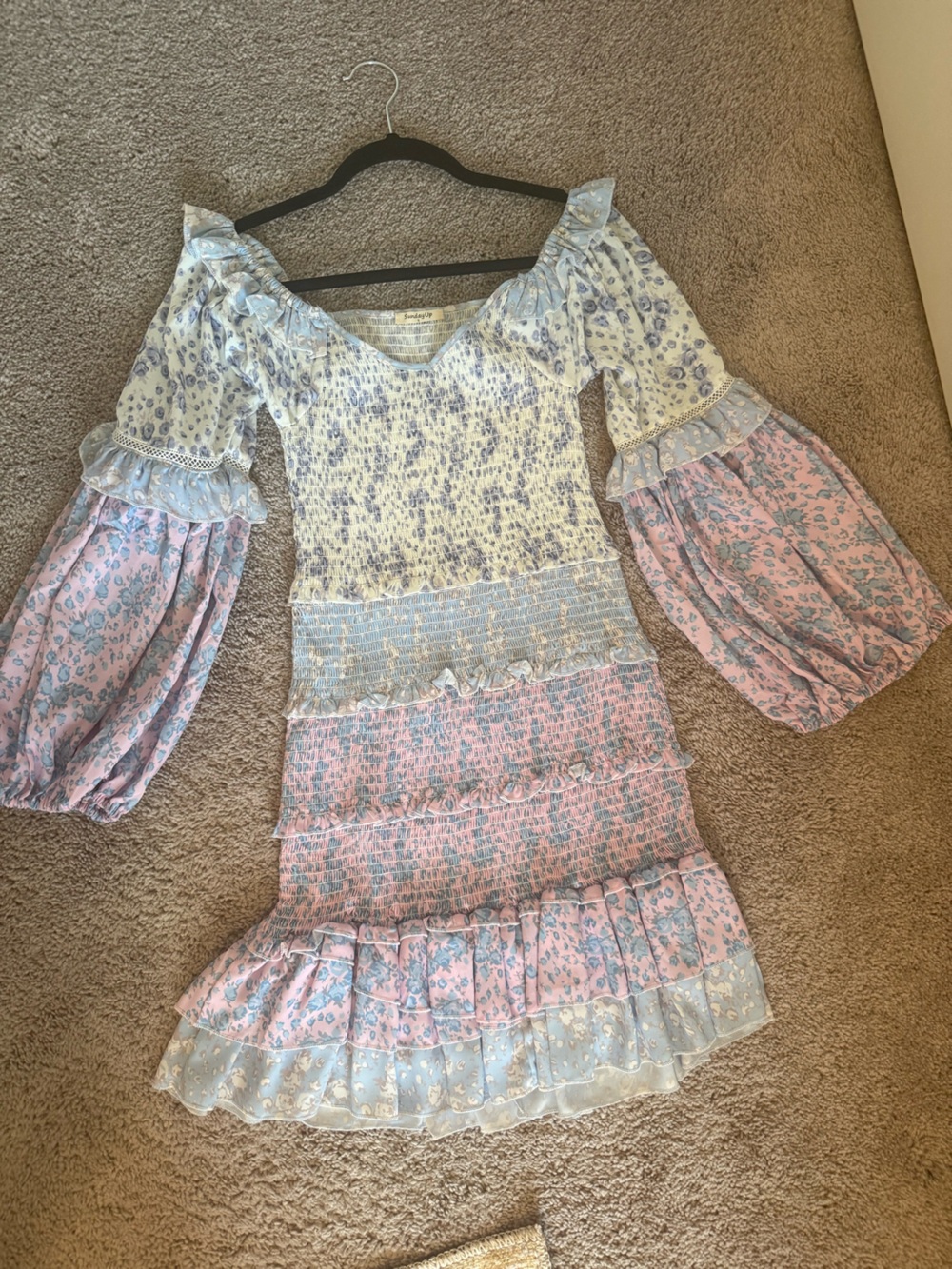 Sunday Up Smocked Floral Dress in Light Blue, Purple & White